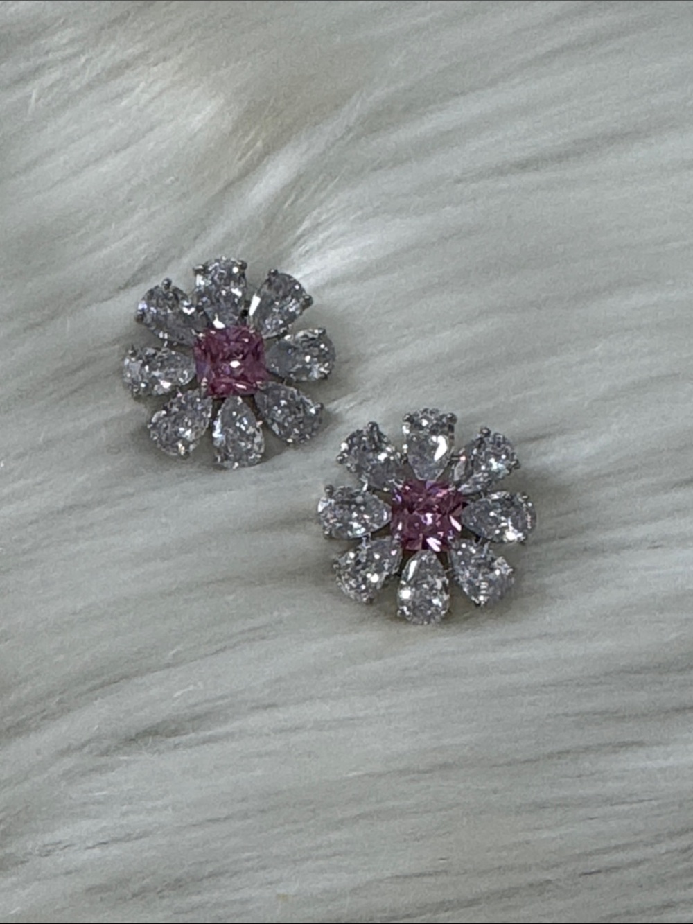 Pink Center Floral Crystal Stud Earrings - Women Jewelry